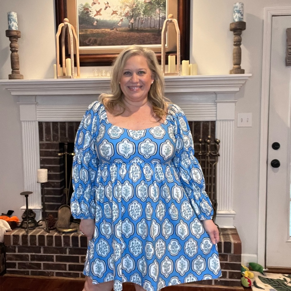Blue Patterned Long Sleeve Dress